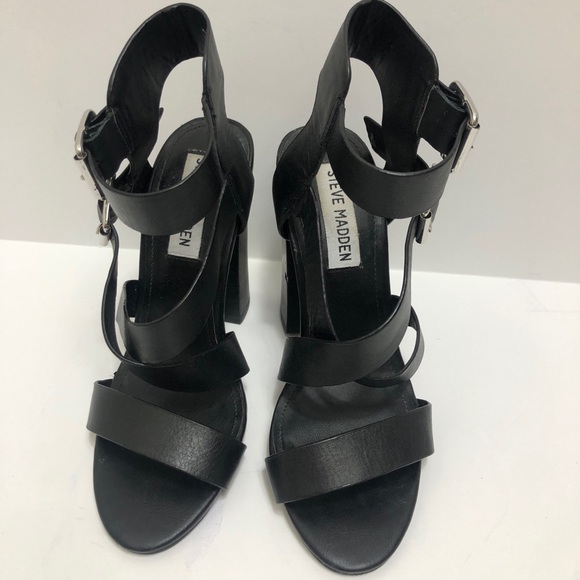 Steve Madden Double Buckle Black Leather Block Heel Size 5 M - Picture 4 of 10